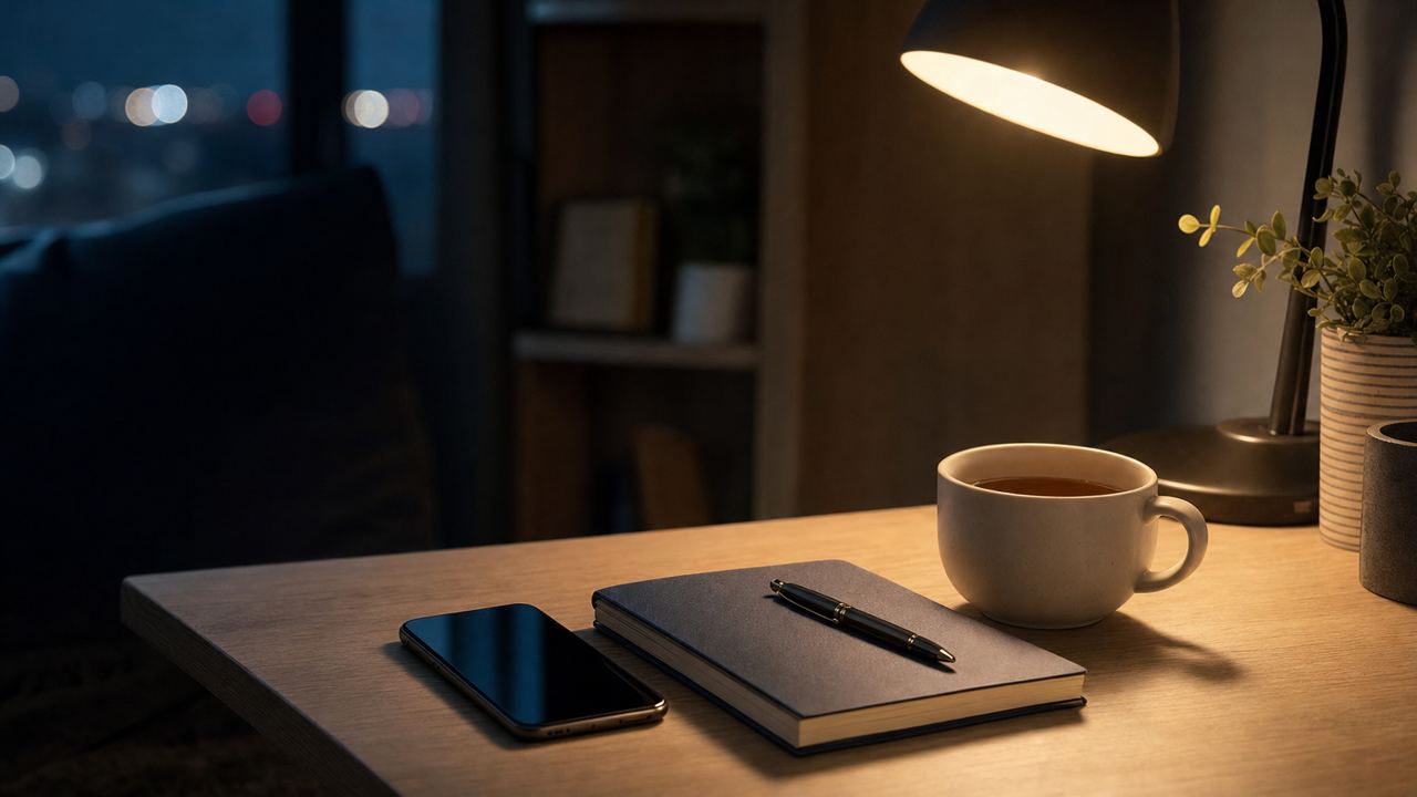 夜の机の上のスマートフォンとノート